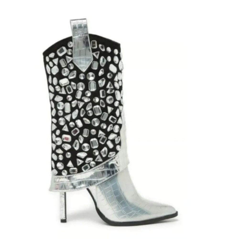 Lauren Lorraine Full GLAM Rhinestone Stiletto Boots Silver on Black Women 9 New